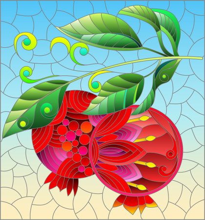 An illustration in the style of a stained glass window with a pomegranate branch on a blue backgroundのイラスト素材