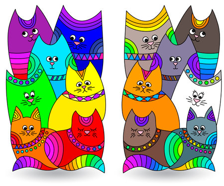 A set of stained glass illustrations with abstract cats, animals isolated on a white backgroundのイラスト素材