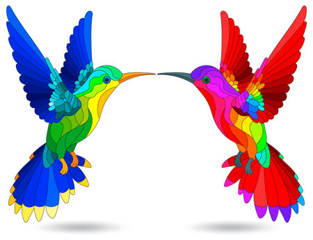 A set of stained glass illustrations with hummingbird birds, isolated on a white backgroundのイラスト素材