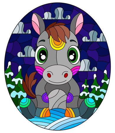 An illustration in the style of a stained glass window with a cute horse on the background of a winter landscapeのイラスト素材