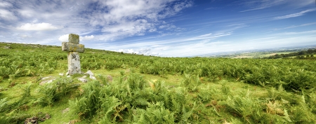 A granite cross on a hill side on Bodmin Moor near Altarnun in Cornwallの写真素材