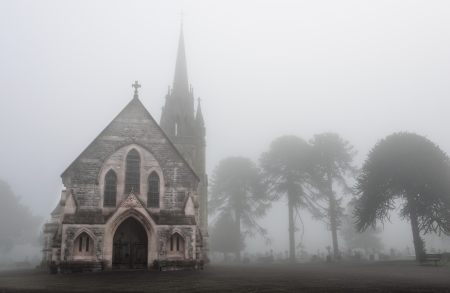 Old Church in a creepy foggy cemeteryの写真素材