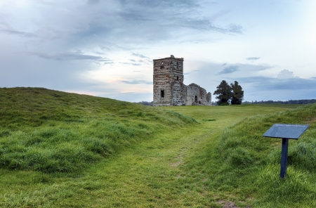 Dusk at the ruins of Knowlton Church which sits in the center of an ancient Neolithic henge and is reputed to be the most haunted place in Dorsetの写真素材