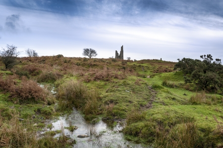 The ruins of an old tin mining engline house on at Minions on Bodmin Moorin Cornwallの写真素材