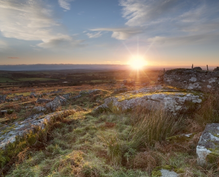Sunset over Carbilly Tor on Bodmin Moor in Cornwallの写真素材