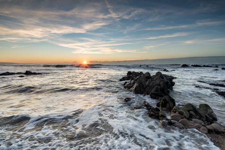 Sunset at Northcott Mouth in Bude on the north Cornwall coastの写真素材