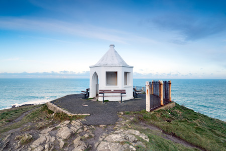 A white hexagonal pavillion on the Towan Headland at Newquay in Cornwallの写真素材