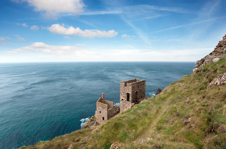 Ruins of copper mines on the South West Coast Path at Botallack in the far west of Cornwallの写真素材