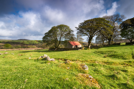 An old stone barn with a red roof at Emsworthy Mire on Dartmoor National Park in Devonの写真素材
