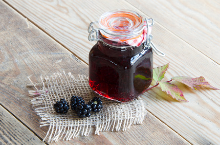 A jar of homemade Bramble Jelly foraged from the hedgerowの写真素材