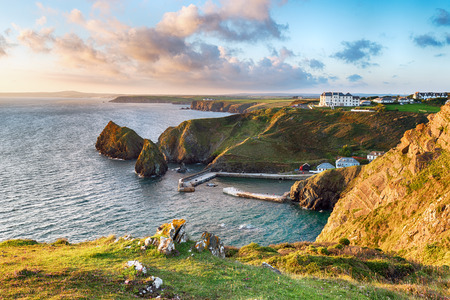 Clifftops on the  South West Coast Path overlooking Mullion Cove on the Lizard penisula in Cornwallの写真素材