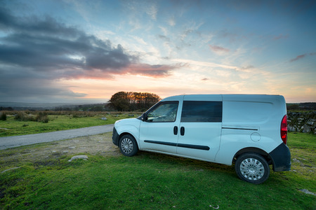 A white van at sunset on Bodmin Moor in Cornwallの写真素材