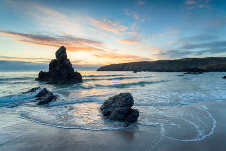 Beautiful sunrise over sea stacks at Sango Bay at Durness in Scotlandの写真素材