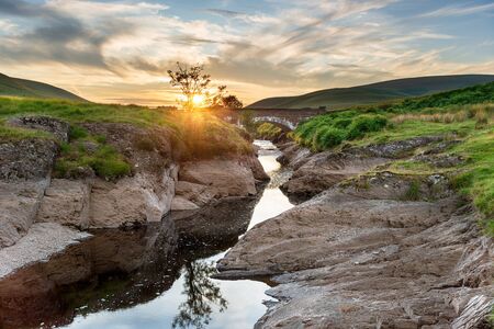 Sunset at Pont Ar Elan in the Elan Valley in in Mid Wales