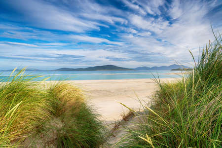 Sand dunes at Seilebost beach on the Isle of Harris in the Outer Hebrides of Scotlandの写真素材