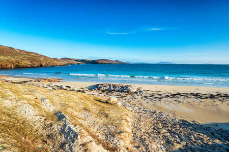 Clear blue skies and sunshine at the sandy beach at Hushinish on the Isle of Harris in Scotland