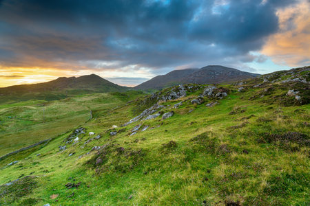 Sunset over the hills ar Rodel on the Isle of Harris in the Western isles of Scotlandの写真素材