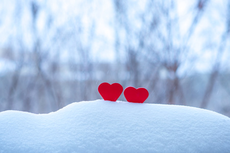 two beautiful hearts on a winter backgroundの写真素材
