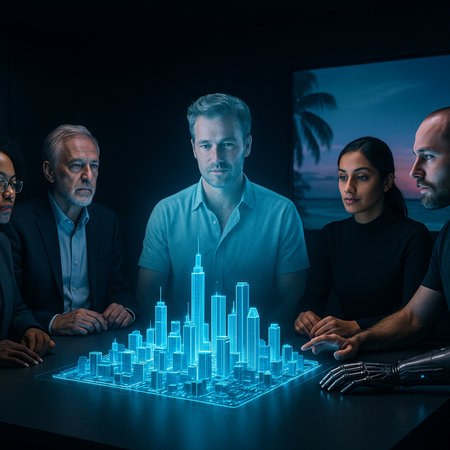 Group of business people working in office. Smart city hologram. Double exposure.の素材