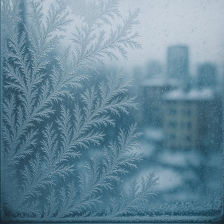 Frosty natural pattern on winter window glass with urban background.の素材