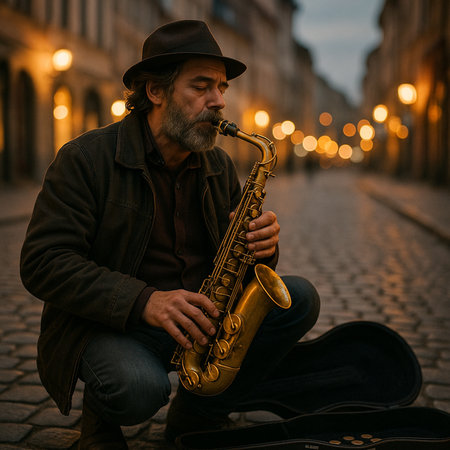 Street musician playing the saxophone on the old city street in eveningの素材