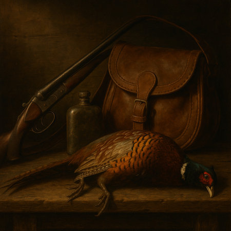 Hunting still life with a pheasant, a bag and a gunの素材