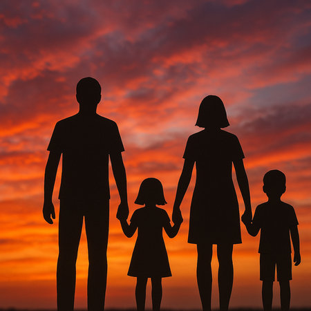 Family silhouette on sunset background. Conceptual image of happy family.の素材