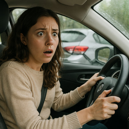 portrait of scared young woman driving car and looking at steering wheelの素材