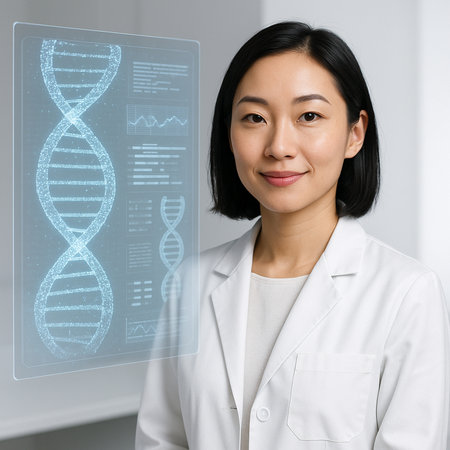 Portrait of a young female doctor with dna helix on the backgroundの素材