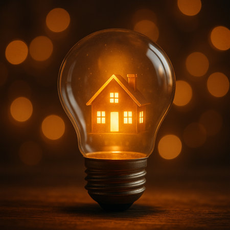 Glowing light bulb with house inside on wooden table and bokeh backgroundの素材