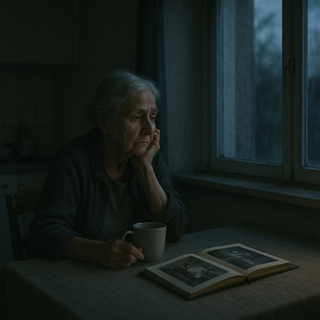 Sad senior woman sitting in the kitchen at night and looking out the windowの素材