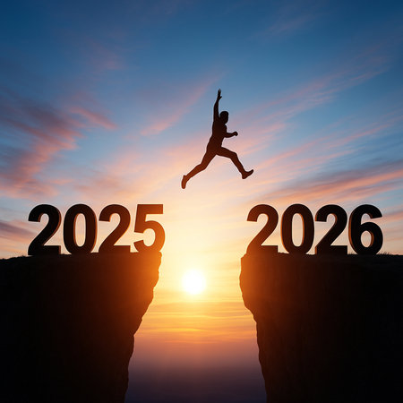 Silhouette of businessman jumping over gap between new year and 2021 to successの素材