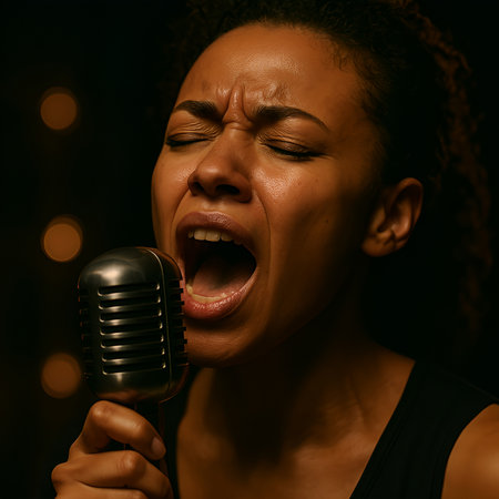 Portrait of a young African American woman singing into a microphoneの素材