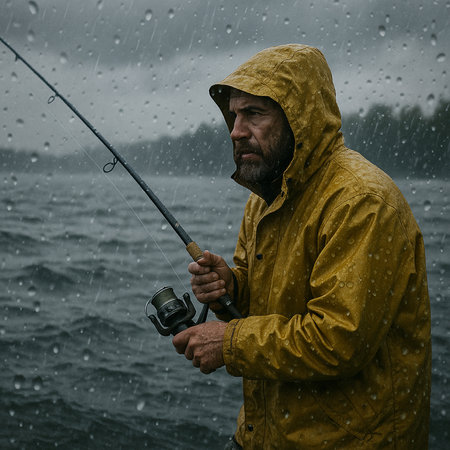 Fisherman with a fishing rod in a yellow raincoat.の素材
