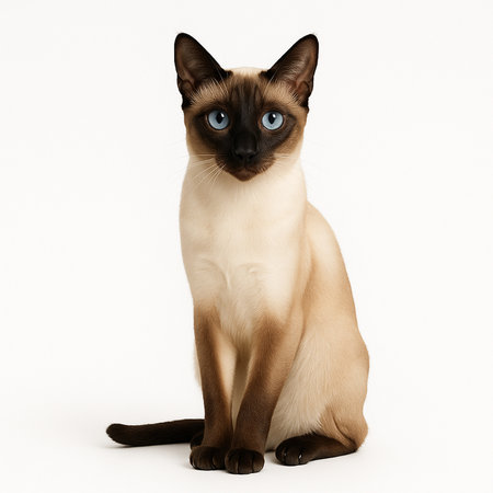 Siamese cat with blue eyes sitting on a white background.の素材