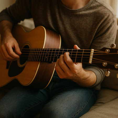 Man playing acoustic guitar at home. Close up of male hands playing guitar.の素材