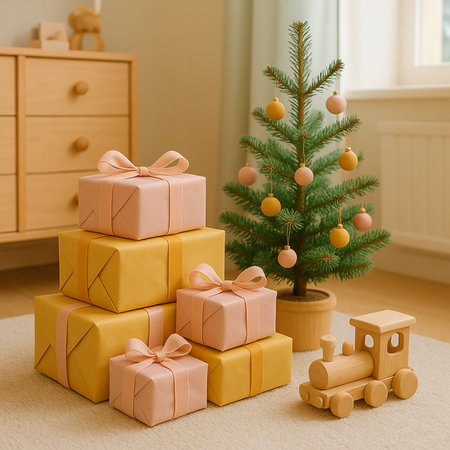 Gift boxes and wooden train with Christmas tree in living roomの素材