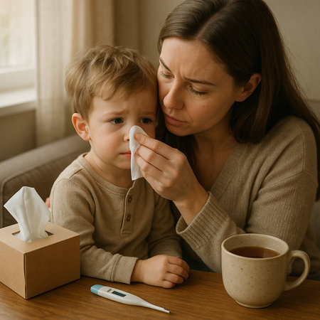Young mother and her little son having a cold and flu at homeの素材