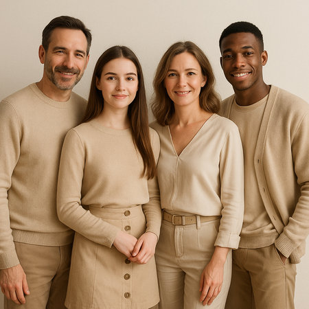 Group of happy multiethnic people in casual clothes standing against white backgroundの素材