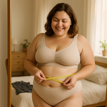 Plus size fat woman measuring her waist with a measuring tape in bedroomの素材