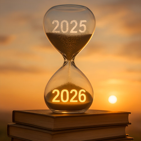 Hourglass with the word 2026 on top of a stack of books on sunset backgroundの素材