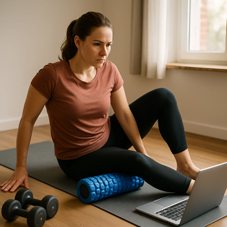 Young woman sitting on yoga mat with laptop and dumbbells.の素材