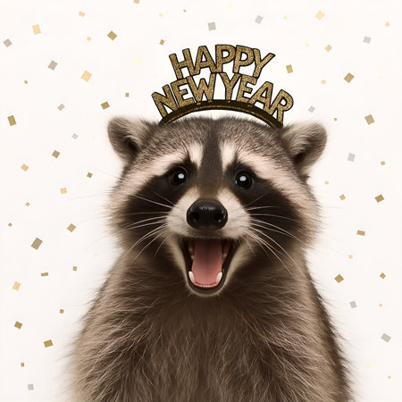 Cute raccoon with Happy New Year text on a white backgroundの素材
