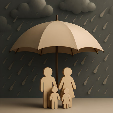 family under umbrella in the rain, 3d render concept for insuranceの素材