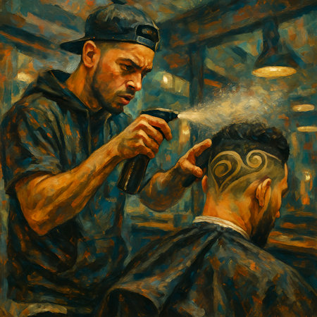 Man in barbershop, drawing with oil paints on canvas.の素材