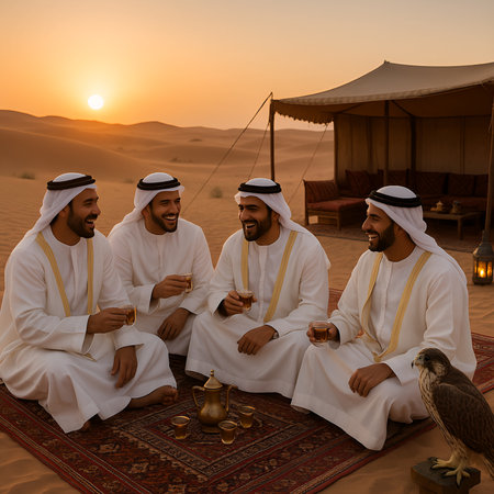 3D rendering of a group of Arabic people sitting in the desert at sunsetの素材
