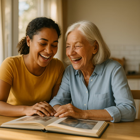 Cheerful mature woman and her granddaughter reading a book at homeの素材