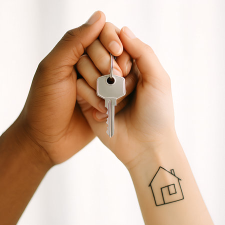 Closeup of woman's hands holding key with house shape on itの素材