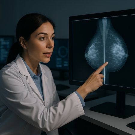smiling radiologist pointing at x-ray of lungs in clinicの素材
