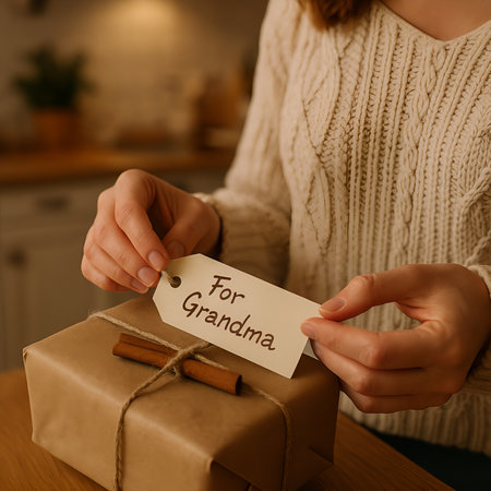 Closeup on female hands packing christmas gift in rustic kitchenの素材